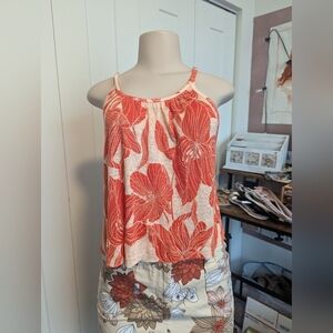 Tahari Orange floral crop top tank top size large‎ 100% linen